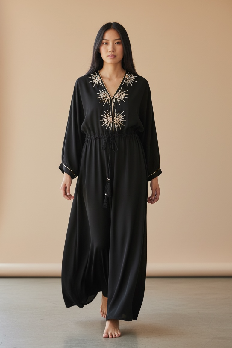 Charizma - Μάξι Καφτάνι Φόρεμα με Διακοσμητικά Στοιχεία και Ρυθμιζόμενη Μέση Μαύρο