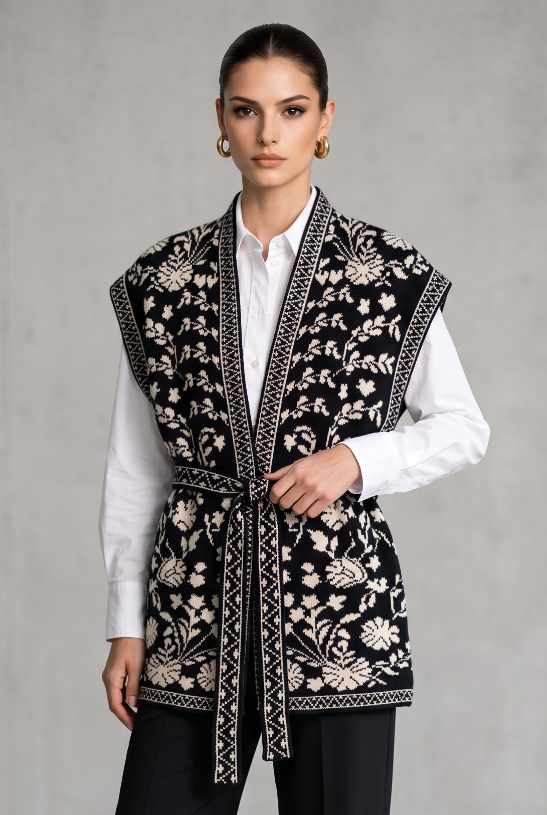 Charizma- Πλεκτό Μαύρο Γιλέκο Kimono με Ζώνη & Ζακάρ Floral Σχέδιο
