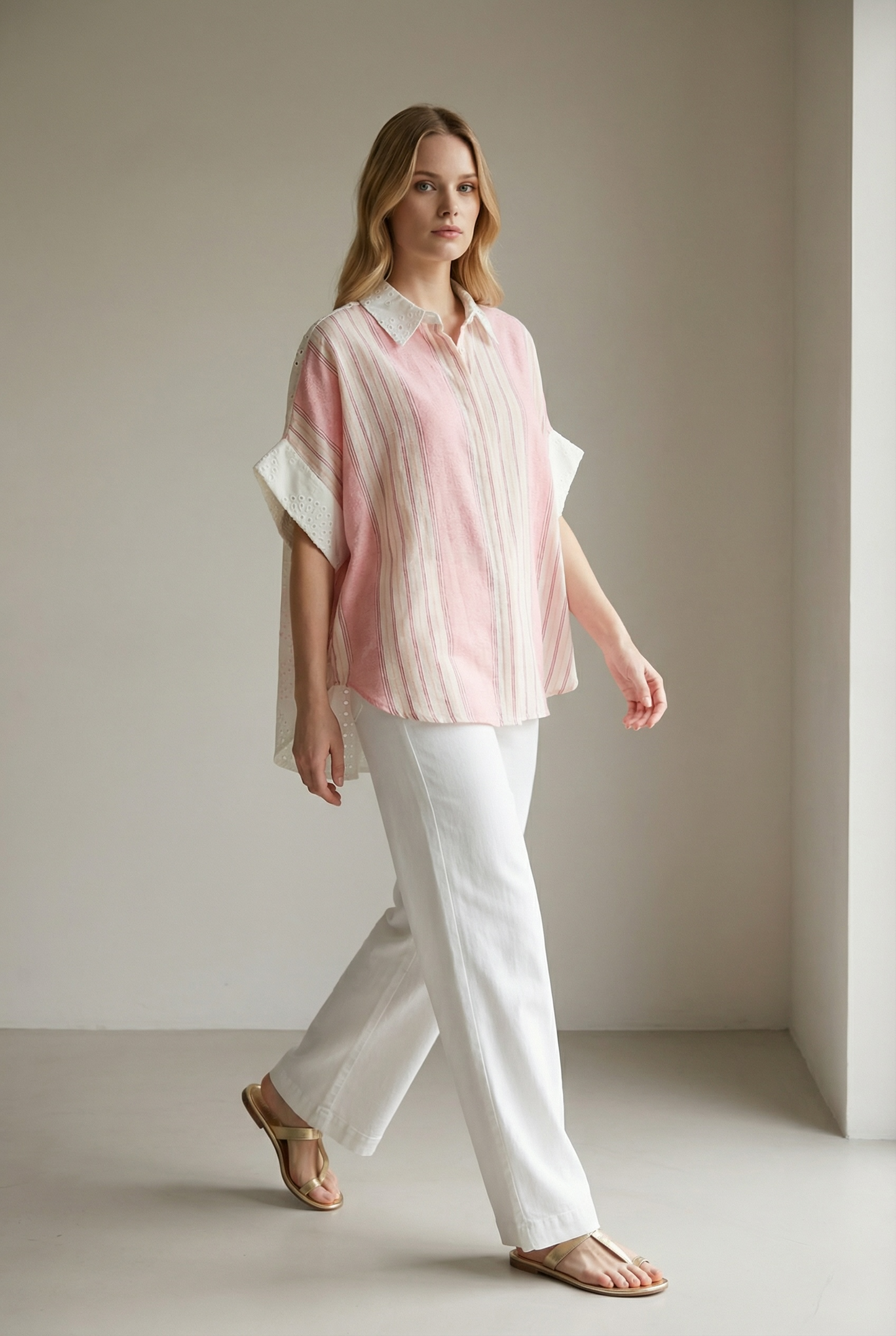 Zeta Otto - Oversized Λινό Πουκάμισο με Υφαντό & Κιπούρ Δαντέλα Ροζ