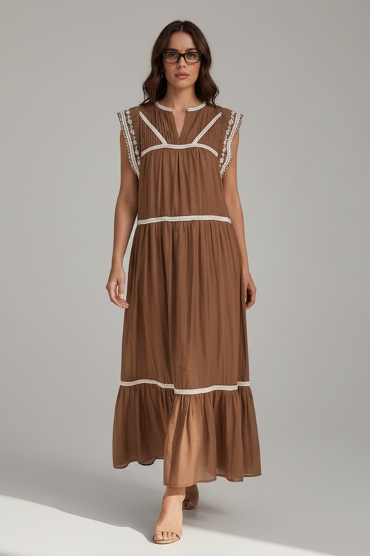 Charizma - Καφέ Μακρύ Ρομαντικό Φόρεμα με Καφέ Κέντημα & Δαντέλα