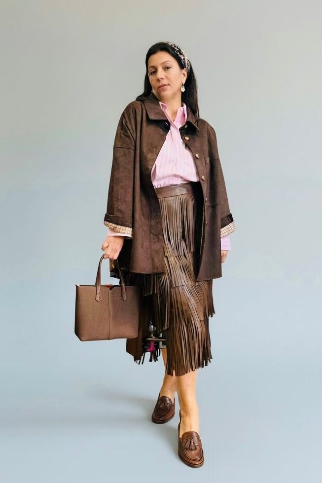 Lumina - Midi Φούστα από Δερματίνη με Πολυεπίπεδα Κρόσσια Καφέ