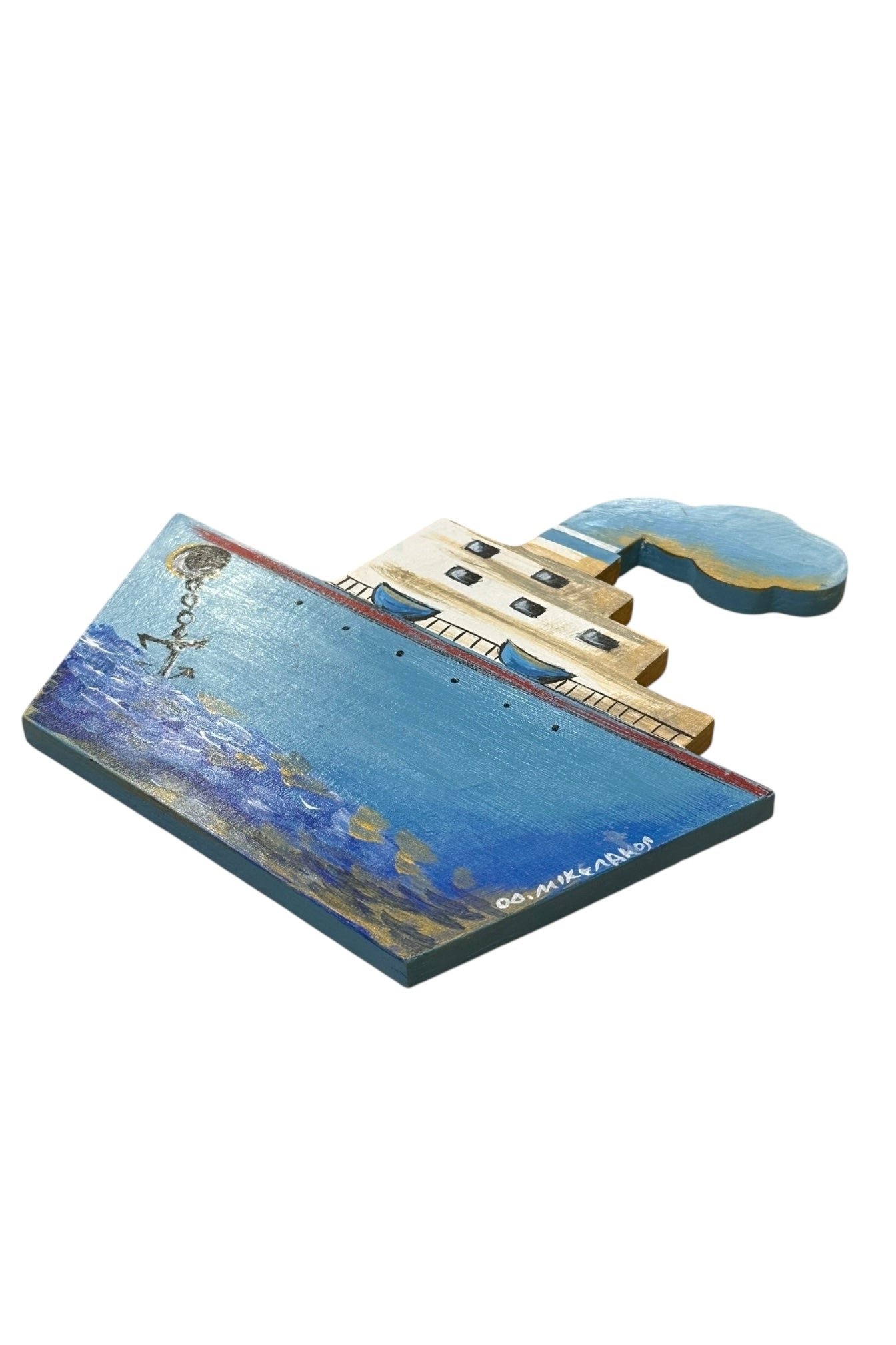 Οδυσσέας Μιχελάκος - Χειροποίητο Ξύλινο Κάδρο Καράβι Ζωγραφισμένο στο Χέρι Γαλάζιο