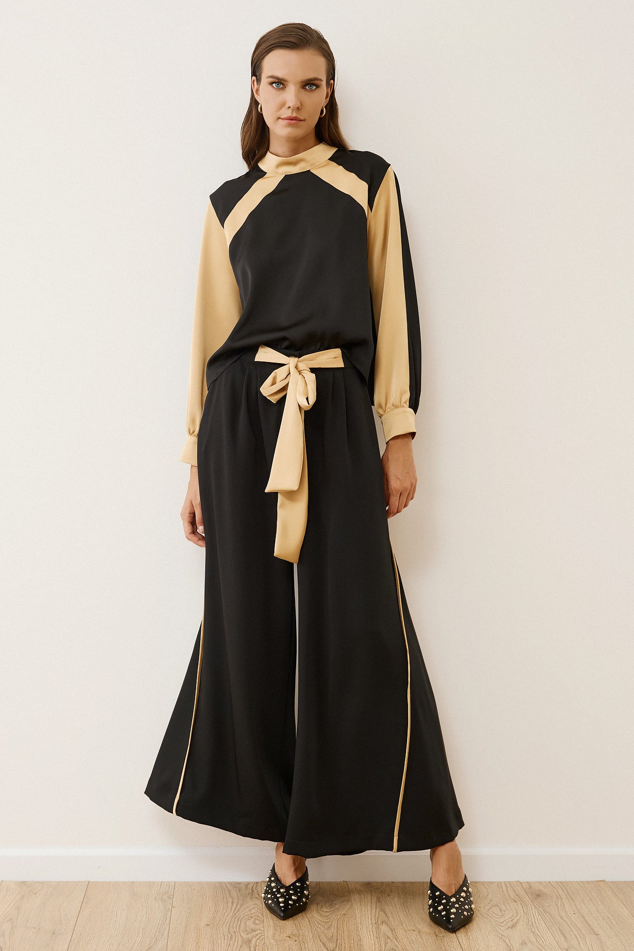 Figaro -  Σατέν Πουκάμισο Μαύρο με Μπεζ Λεπτομέρειες