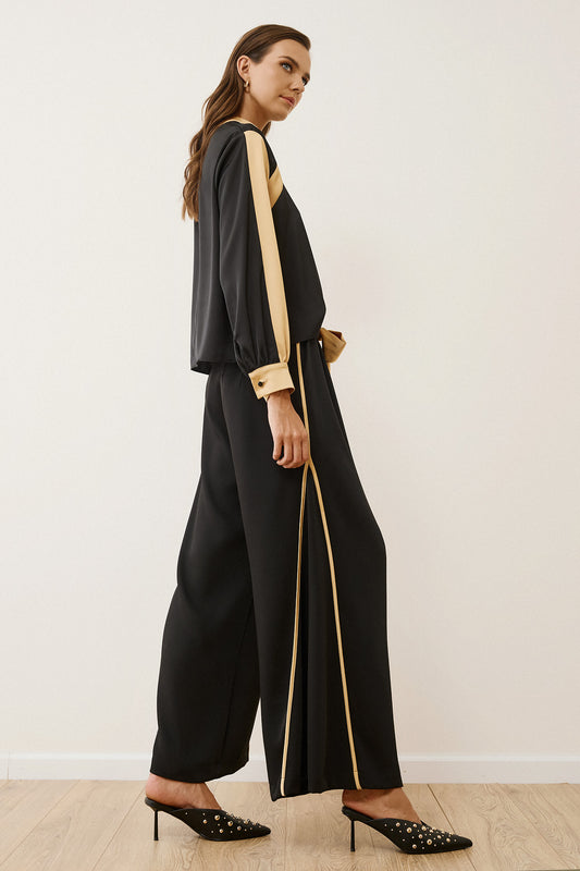 Figaro - Αέρινη Παντελόνα με Διπλή Μπεζ Ρίγα και Ζώνη από το Ίδιο Ύφασμα