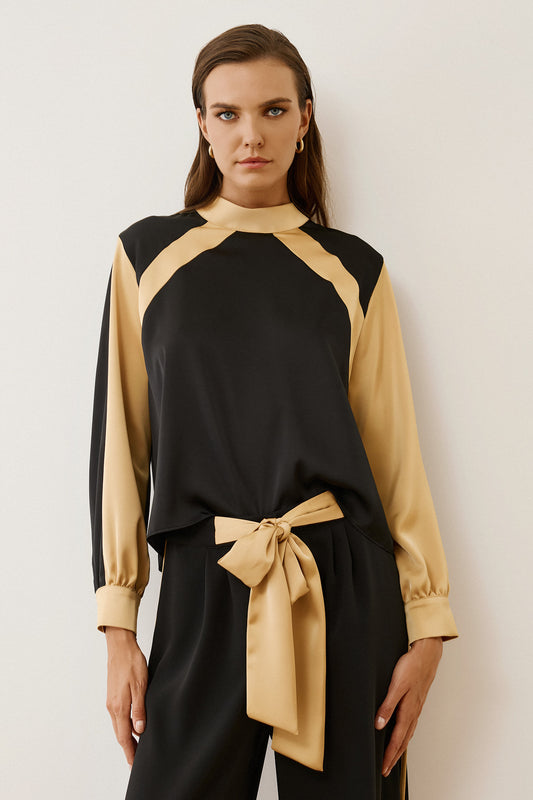 Figaro -  Σατέν Πουκάμισο Μαύρο με Μπεζ Λεπτομέρειες