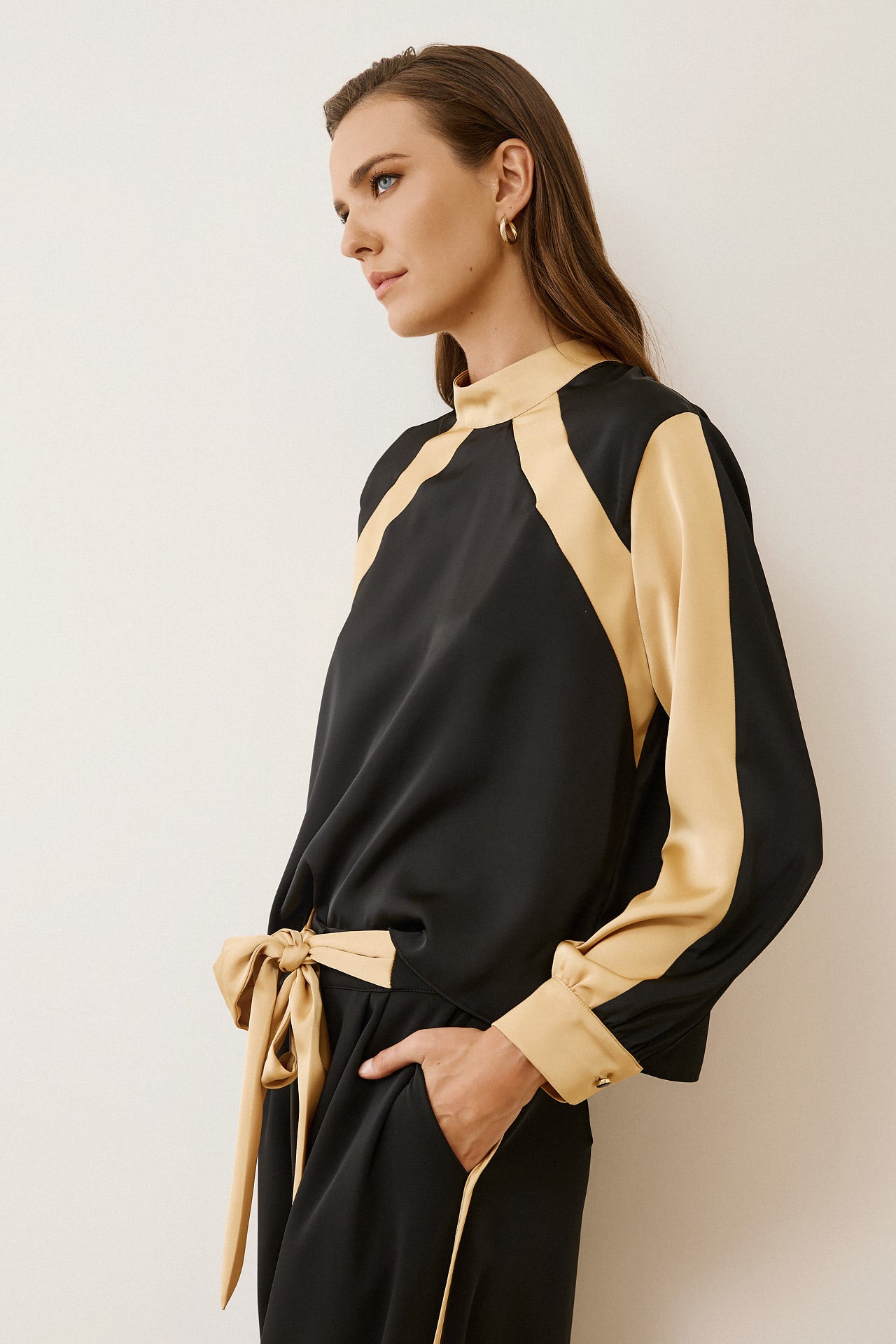 Figaro -  Σατέν Πουκάμισο Μαύρο με Μπεζ Λεπτομέρειες