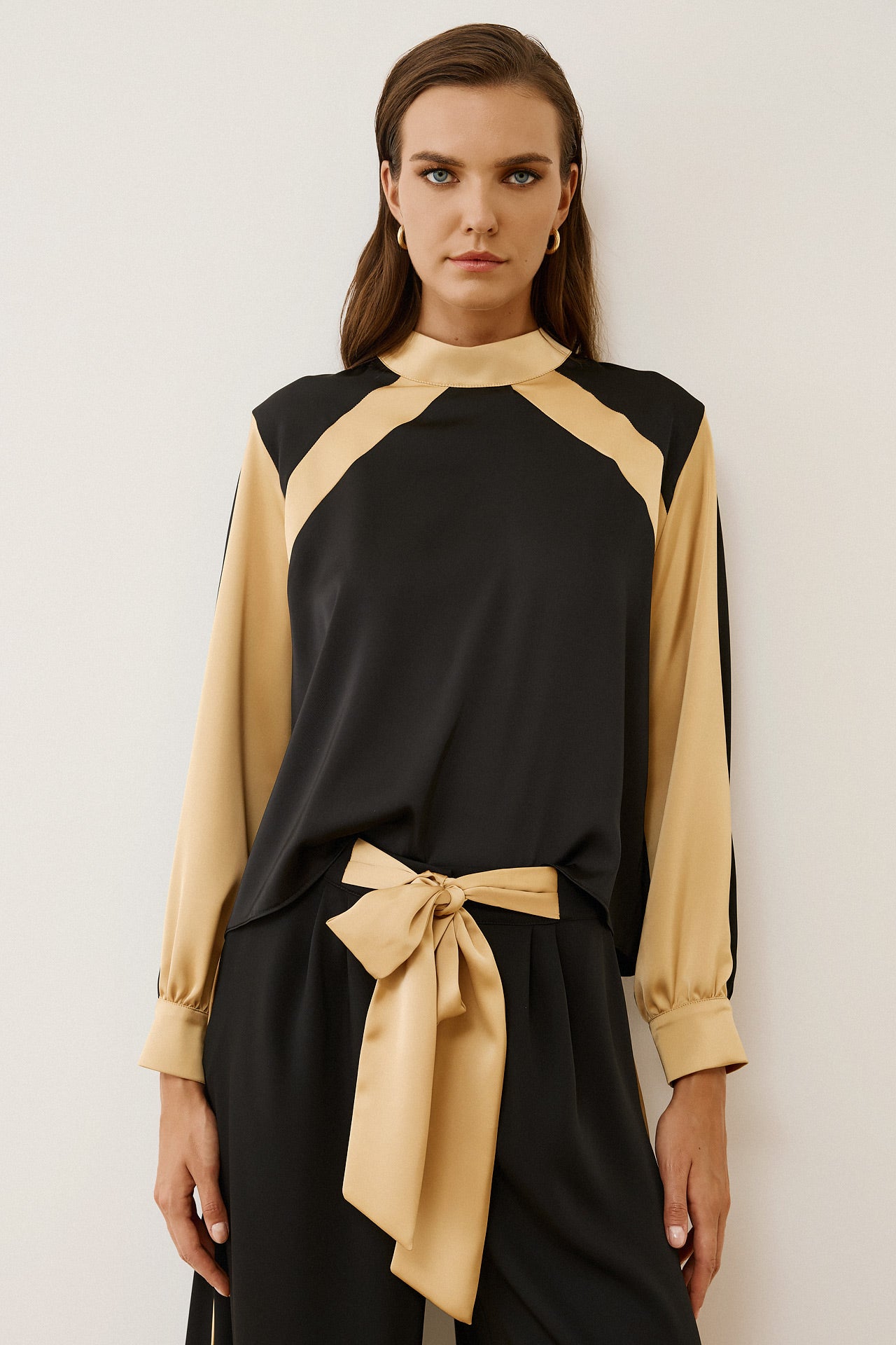 Figaro -  Σατέν Πουκάμισο Μαύρο με Μπεζ Λεπτομέρειες