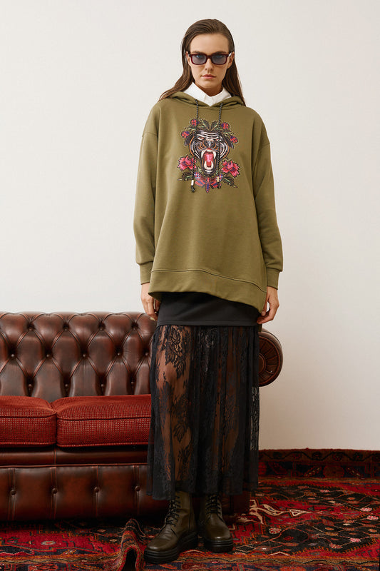 Eighty2 by Figaro - Φούτερ Oversized Χακί με Τύπωμα Τίγρη και Λουλούδια