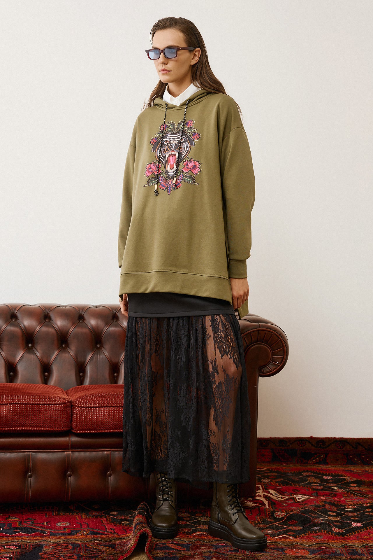 Eighty2 by Figaro - Φούτερ Oversized Χακί με Τύπωμα Τίγρη και Λουλούδια