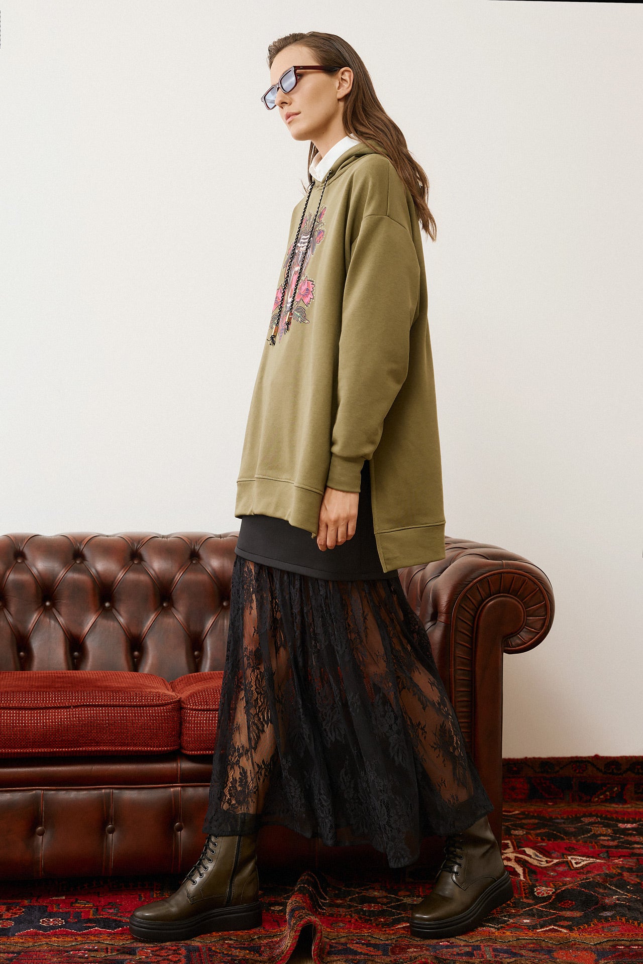 Eighty2 by Figaro - Φούτερ Oversized Χακί με Τύπωμα Τίγρη και Λουλούδια