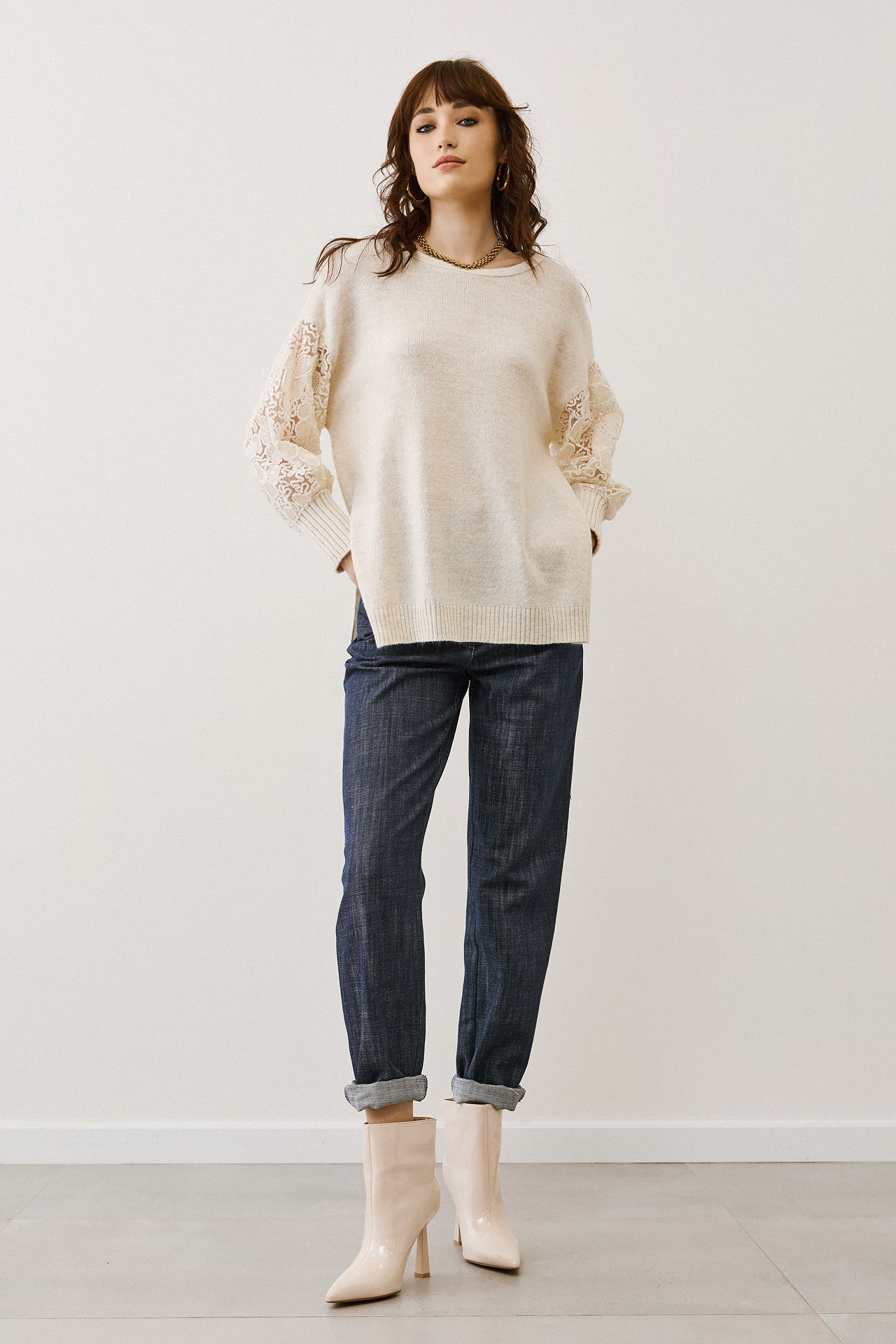 Figaro - Glam Lace & Sequin Knit Πουλόβερ Μπεζ