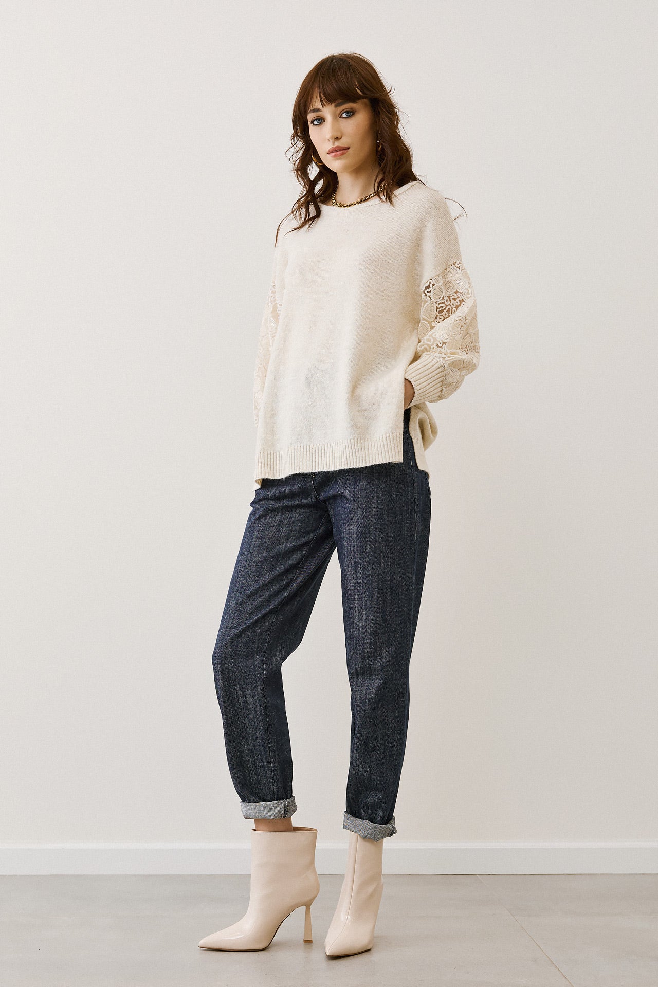 Figaro - Glam Lace & Sequin Knit Πουλόβερ Μπεζ