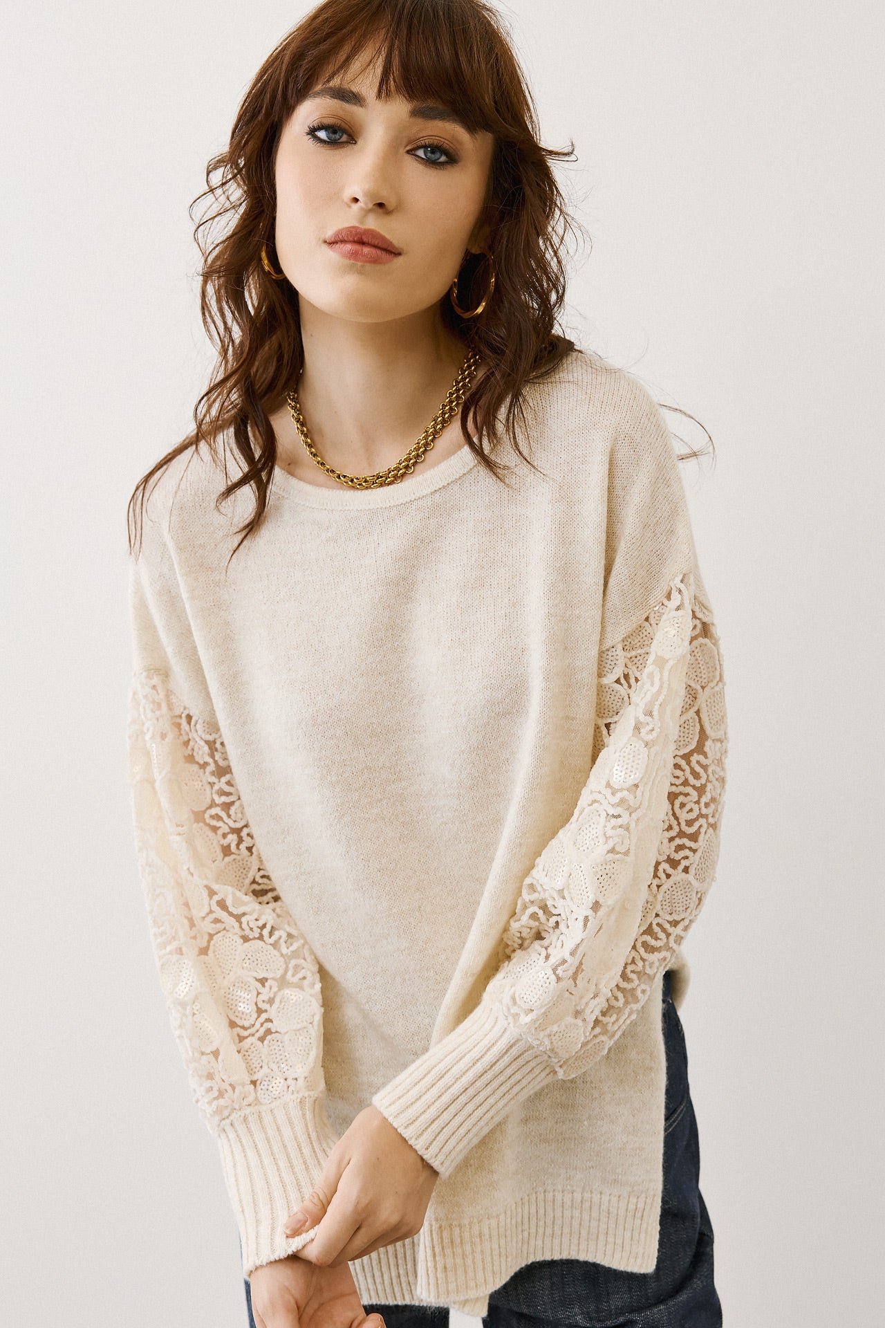 Figaro - Glam Lace & Sequin Knit Πουλόβερ Μπεζ