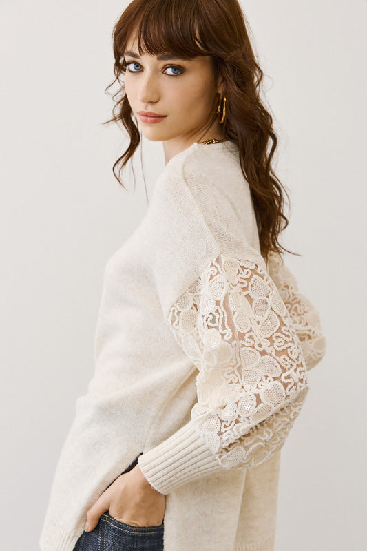 Figaro - Glam Lace & Sequin Knit Πουλόβερ Μπεζ