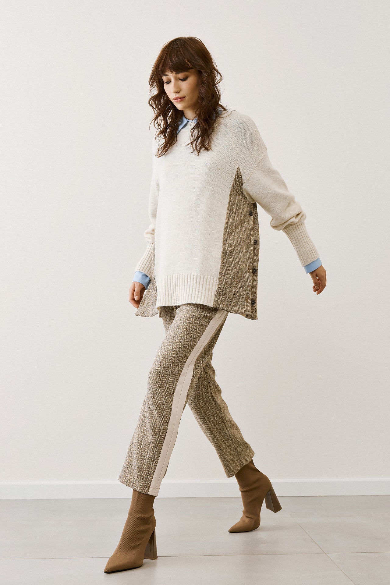 Figaro - Ψηλόμεσο Μπεζ Ψαροκόκαλο Παντελόνι με Ρίγα στο Πλάι και Λάστιχο