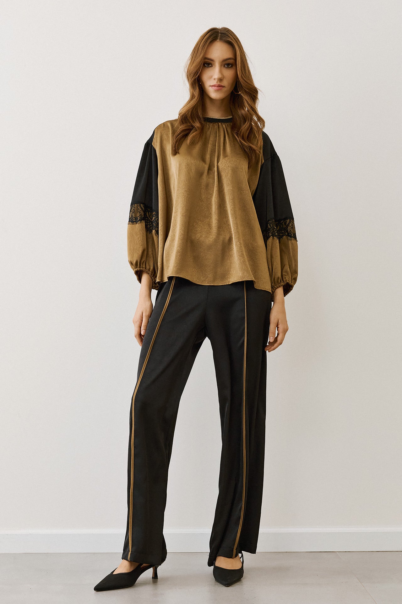 Figaro - Φαρδιά Παντελόνα με Λάστιχο & Λαδί Ρίγα Μπροστά