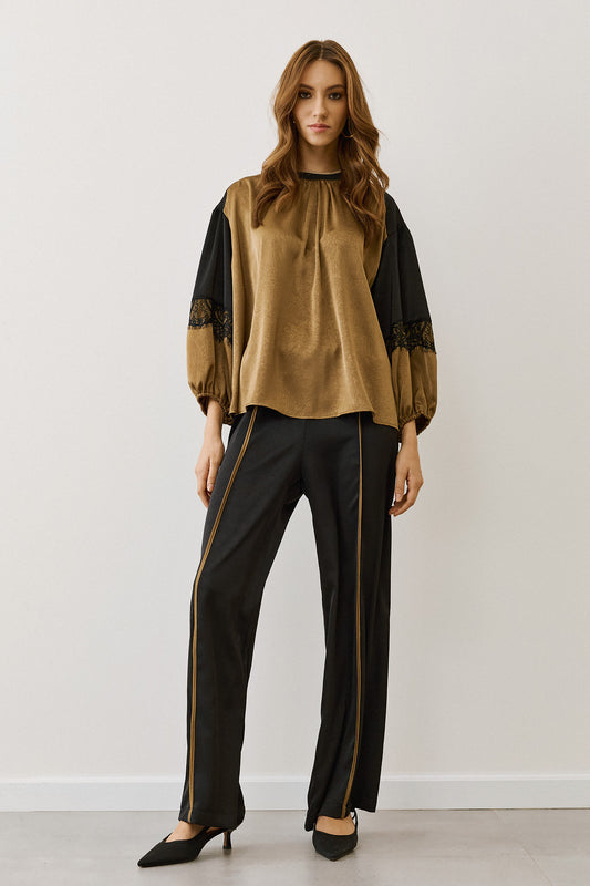 Figaro - Λαδί Μπλούζα με Παγιέτες Με Μαύρη Δαντέλα