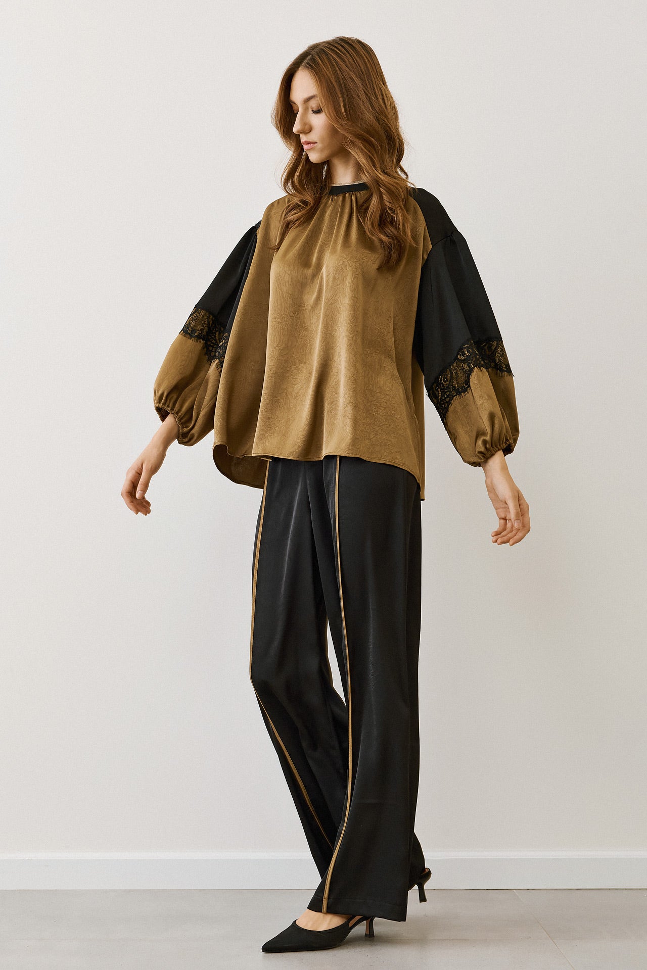 Figaro - Φαρδιά Παντελόνα με Λάστιχο & Λαδί Ρίγα Μπροστά