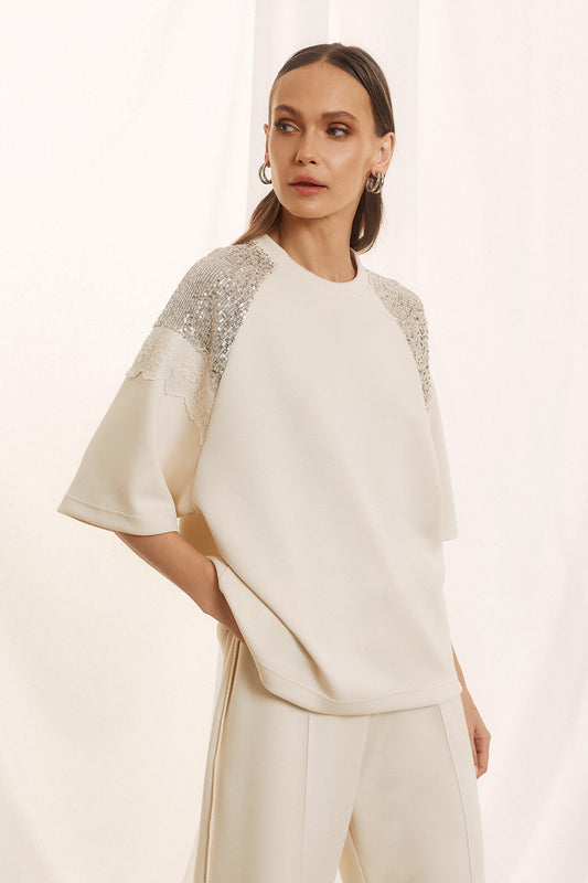 Figaro - Μπλούζα με Δαντέλα & Παγιέτες στους Ώμους Μπεζ