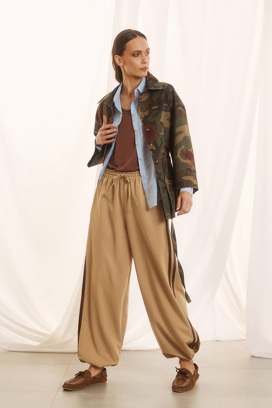 Eighty2 by Figaro - Καμελ Παντελόνι με Λάστιχο & Ρίγες στο Πλάι με Σούρα στο Τελείωμα