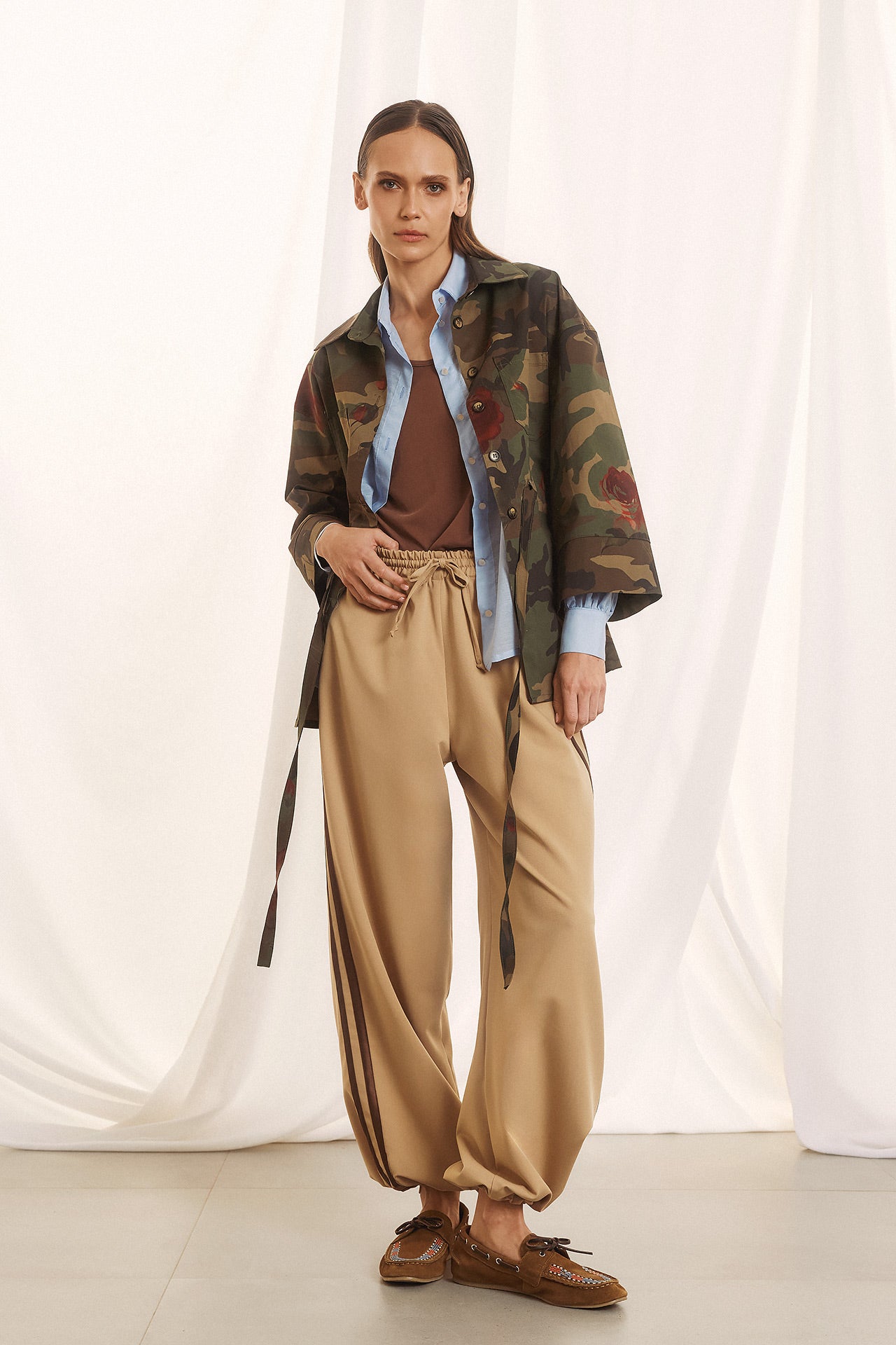 Eighty2 by Figaro - Καμελ Παντελόνι με Λάστιχο & Ρίγες στο Πλάι με Σούρα στο Τελείωμα