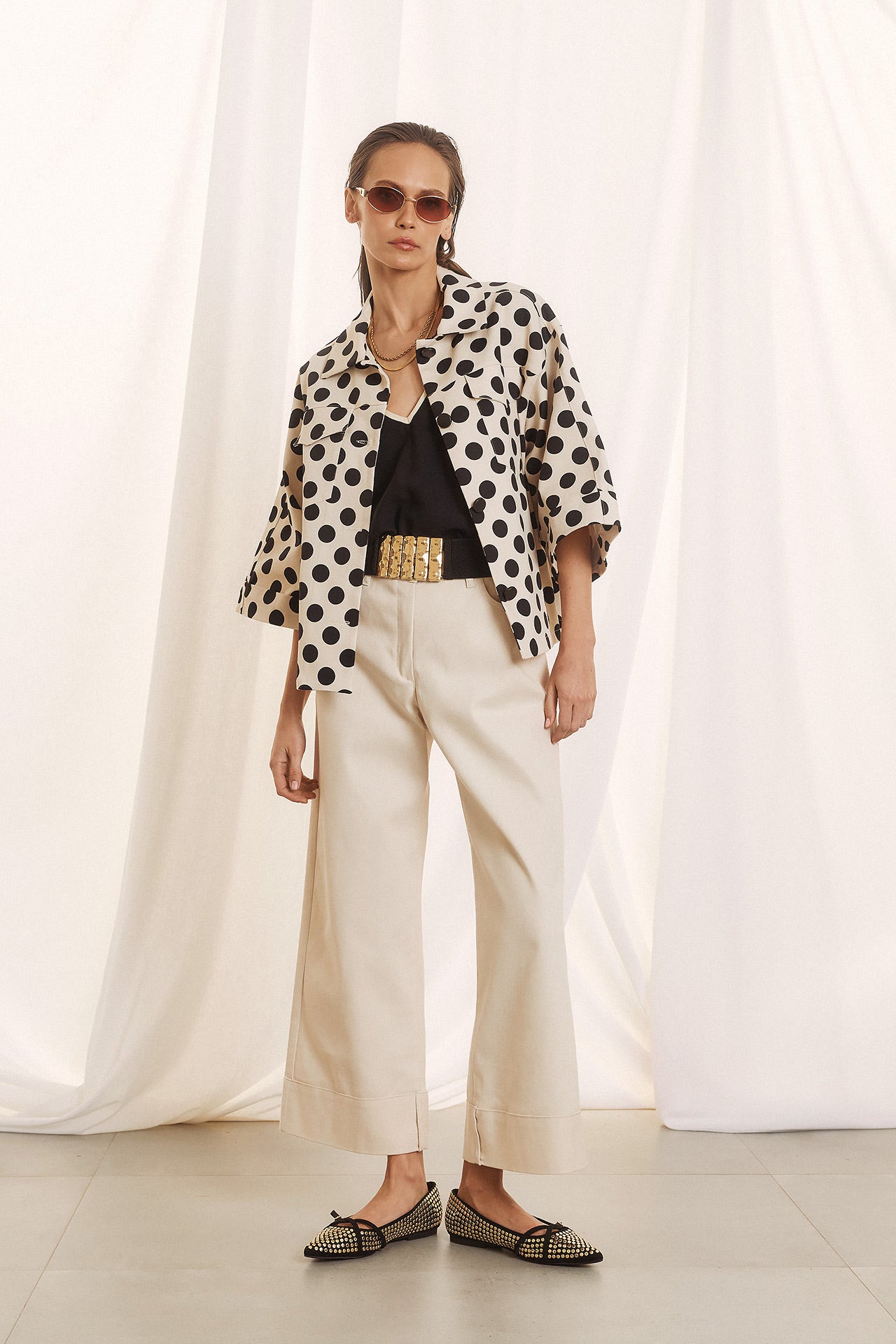 Figaro - Σακάκι με Πουά Print σε Άνετη Γραμμή και Κοντό Μανίκι