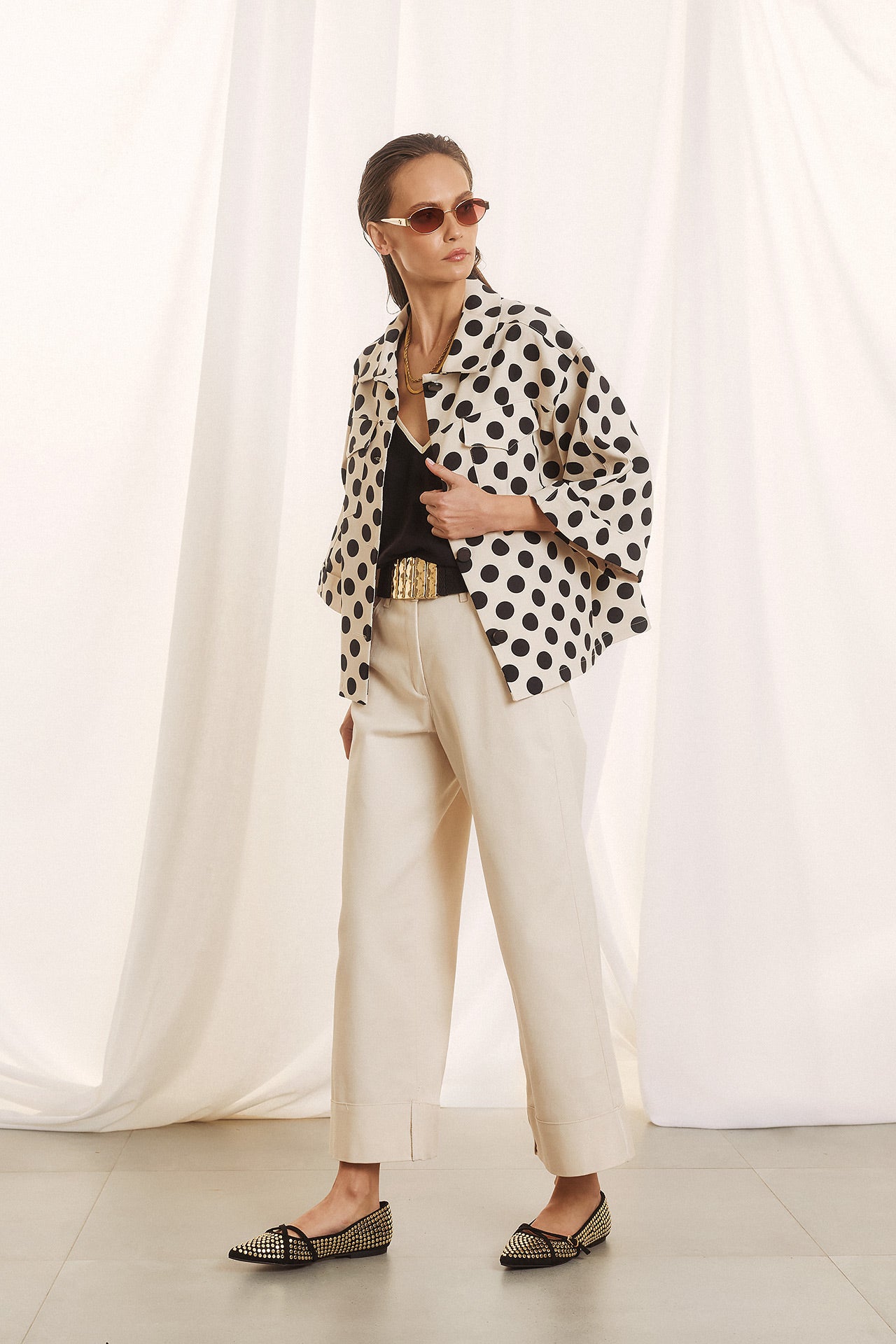 Figaro - Σακάκι με Πουά Print σε Άνετη Γραμμή και Κοντό Μανίκι