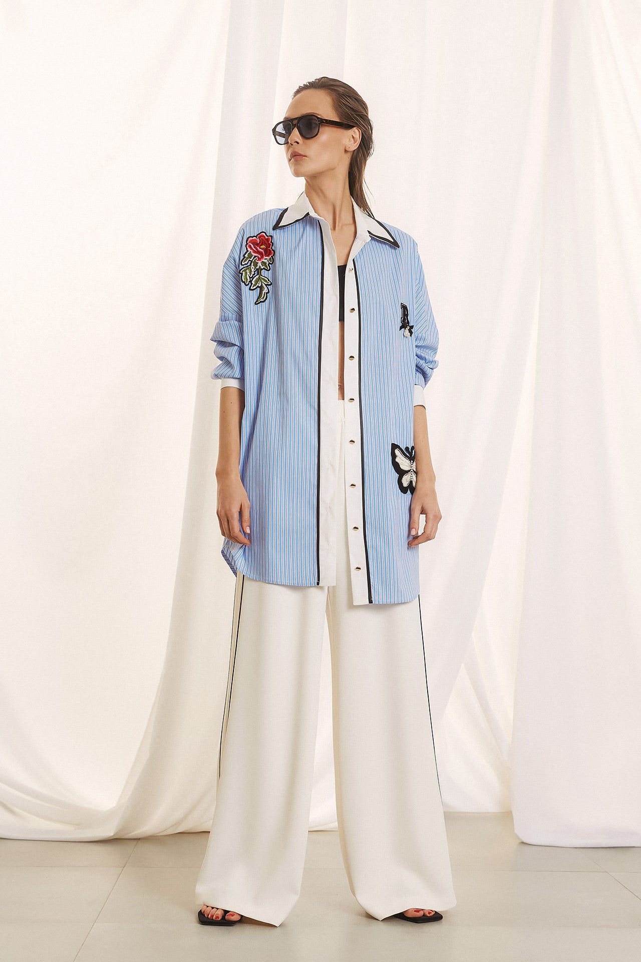 Figaro - Ριγέ Πουκάμισο Oversized με Κεντήματα & Αντίθεση Λευκού