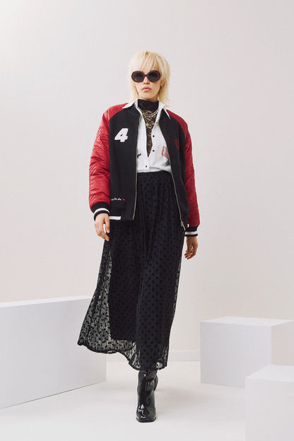Eighty2 by Figaro - Bomber Jacket με Καπιτονέ Μανίκια & Κεντημένη Πλάτη – Μαύρο/Μπορντό