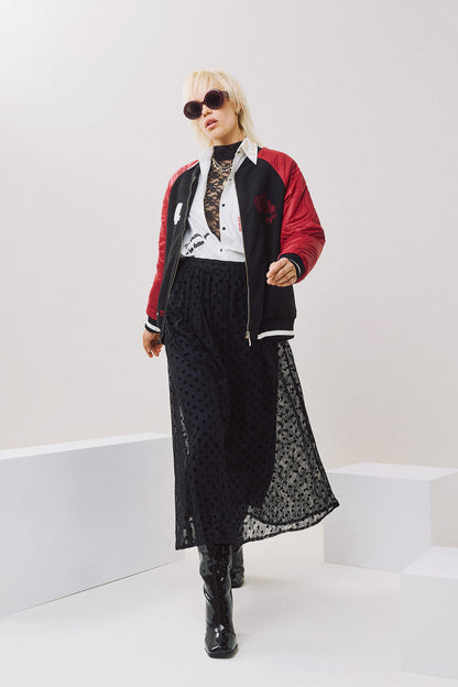 Eighty2 by Figaro - Bomber Jacket με Καπιτονέ Μανίκια & Κεντημένη Πλάτη – Μαύρο/Μπορντό