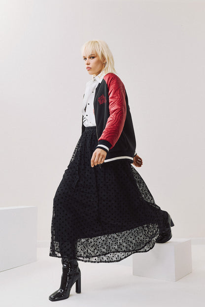 Eighty2 by Figaro - Bomber Jacket με Καπιτονέ Μανίκια & Κεντημένη Πλάτη – Μαύρο/Μπορντό