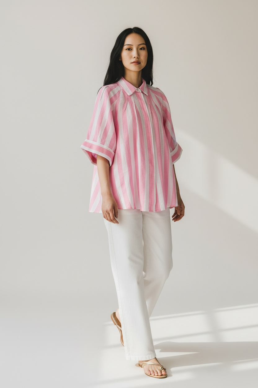 Zeta Otto - Ροζ ριγέ λινό πουκάμισο με κοντά μανίκια & άνετη γραμμή
