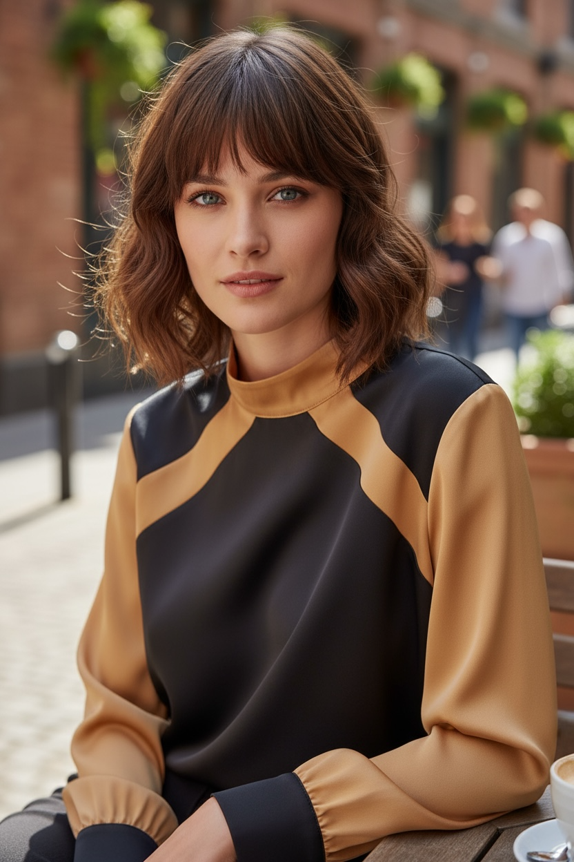 Figaro -  Σατέν Πουκάμισο Μαύρο με Μπεζ Λεπτομέρειες