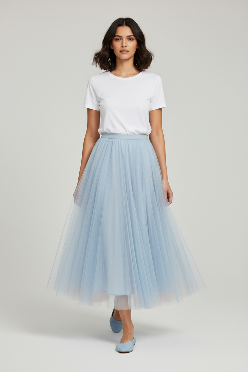 Charizma - Μακριά Φούστα από Τούλι με Ελαστική Μέση & Εσωτερική Φόδρα Γαλάζια