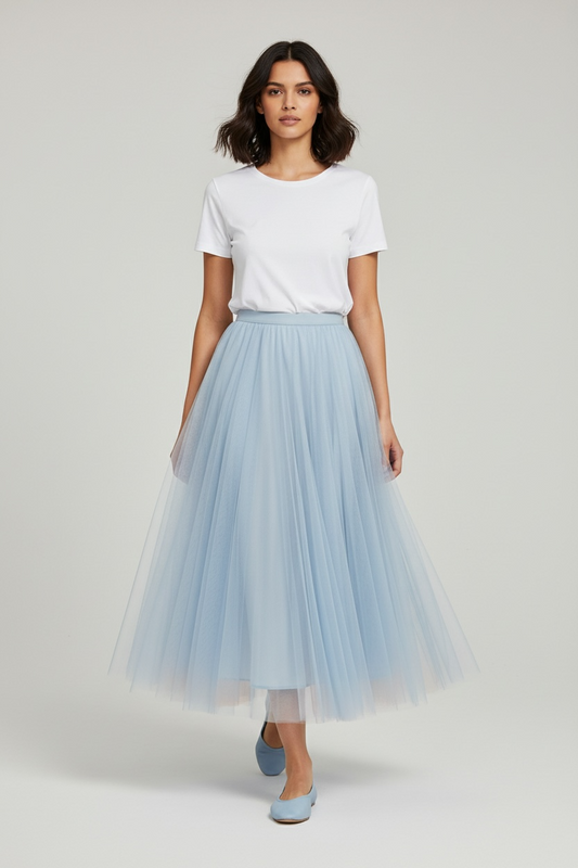 Charizma - Μακριά Φούστα από Τούλι με Ελαστική Μέση & Εσωτερική Φόδρα Γαλάζια