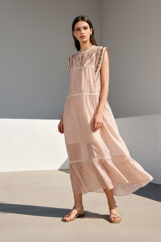 Charizma - Ροζ Μακρύ Ρομαντικό Φόρεμα με Καφέ Κέντημα & Δαντέλα