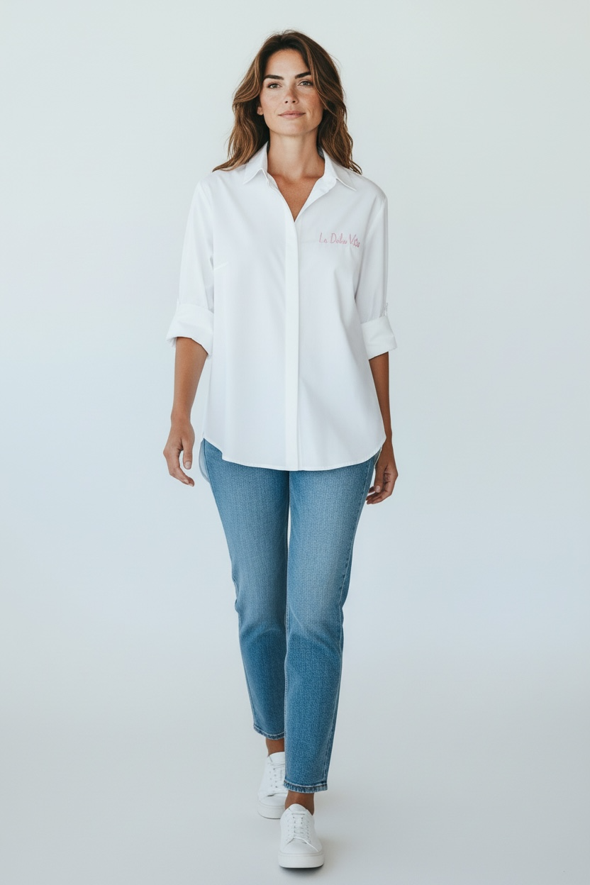 Zeta Otto - Λευκό βαμβακερό πουκάμισο με κέντημα “La Dolce Vita” & μακριά μανίκια