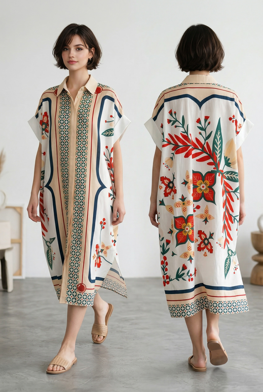 Zeta Otto - Αέρινο Shirt Φόρεμα με Διπλό Print & Floral Μοτίβα 2