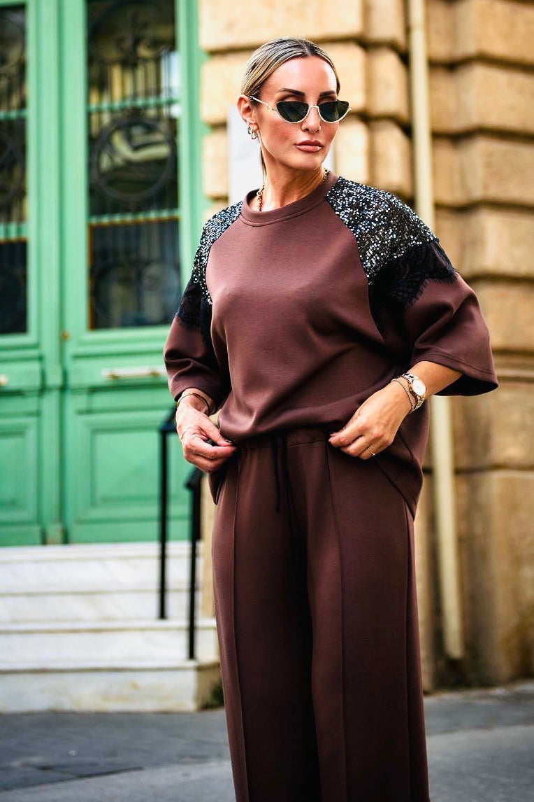 Figaro - Φαρδιά Παντελόνα Καφέ με Λάστιχο & Ρίγα στο Πλάι