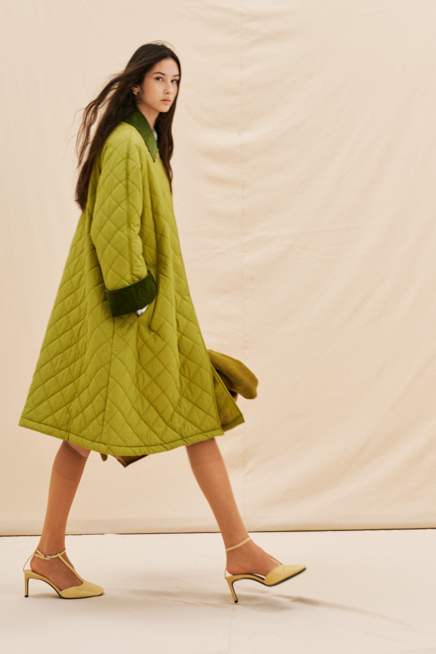 Lumina - Μακρύ Καπιτονέ Παλτό με Κοτλέ Γιακά & Μανίκια Πράσινο