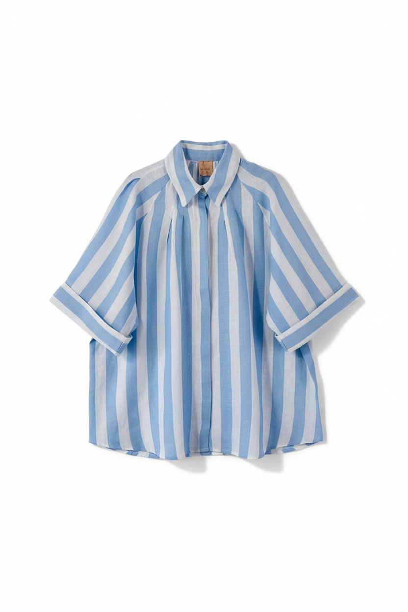 Zeta Otto - Γαλάζιο ριγέ λινό πουκάμισο με κοντά μανίκια & άνετη γραμμή