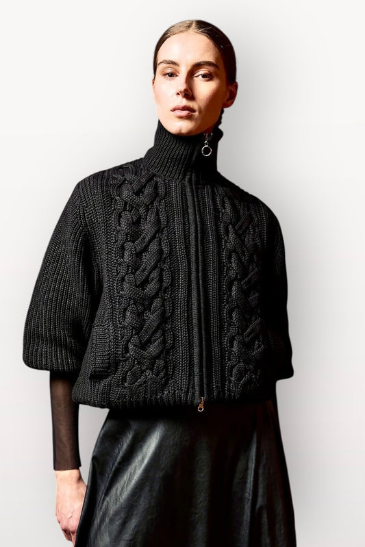 Tailor Made - Πλεκτό Ζιβάγκο Κοντό Μπουφάν με Φερμουάρ & Έντονη Πλέξη Μαύρο