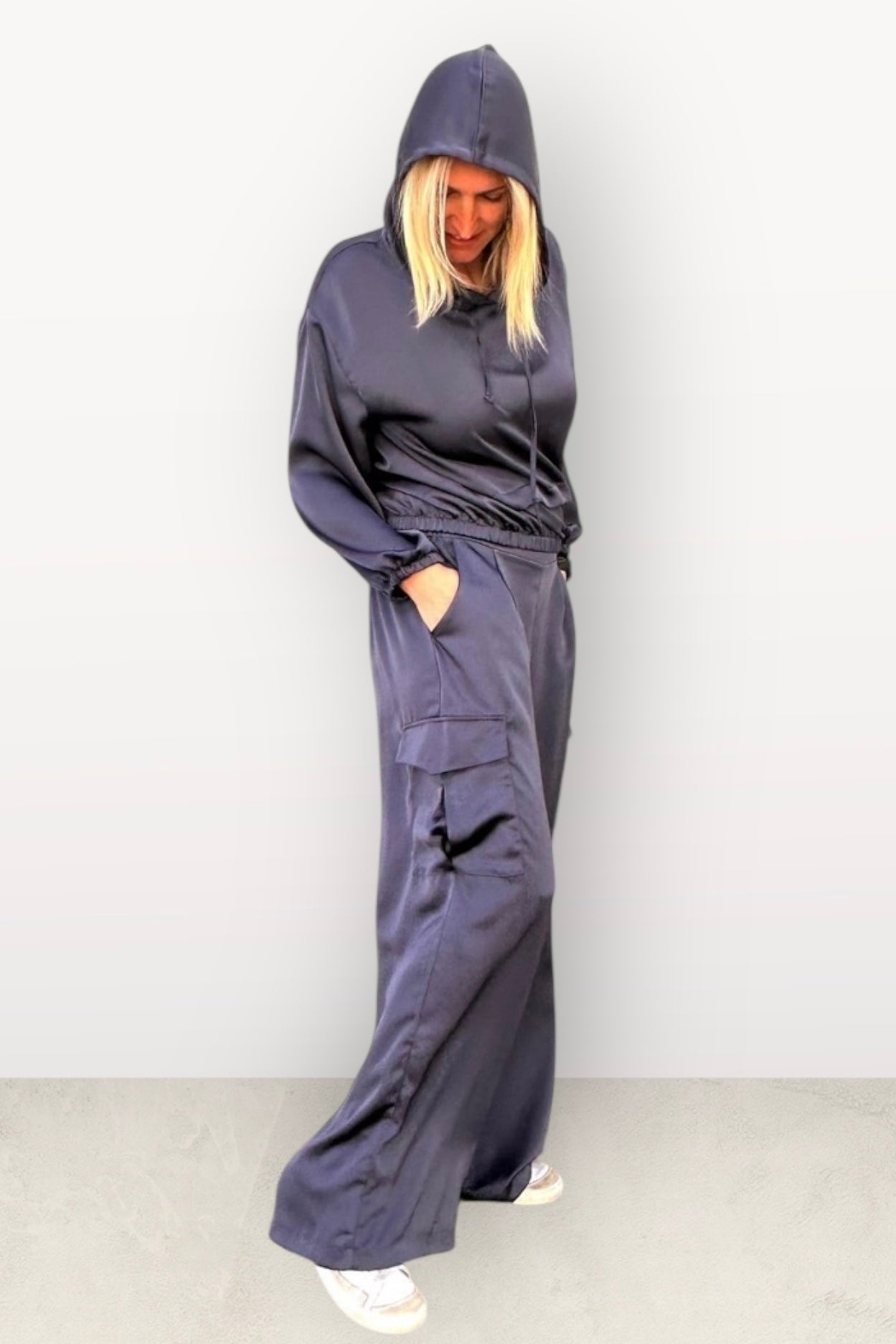 Cache Cache - Σετ Μπλούζα Σατέν Με Κουκούλα & Παντελόνα Με Τσέπες Navy