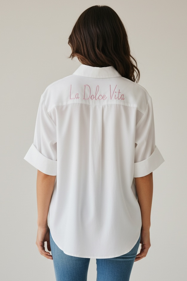 Zeta Otto - Λευκό βαμβακερό πουκάμισο με κέντημα “La Dolce Vita” & μακριά μανίκια