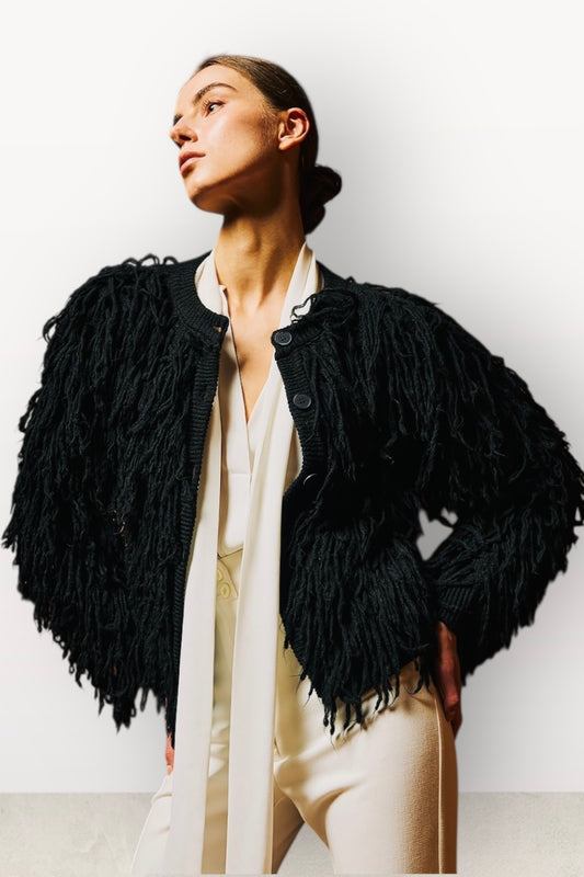 Tailor Made - Boho Touch Κοντή Πλεκτή Ζακέτα με Κρόσσια Μαύρη