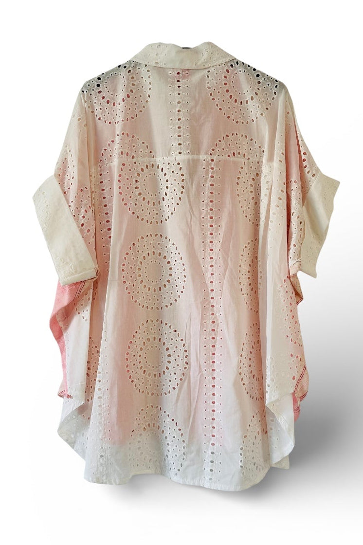 Zeta Otto - Oversized Λινό Πουκάμισο με Υφαντό & Κιπούρ Δαντέλα Ροζ