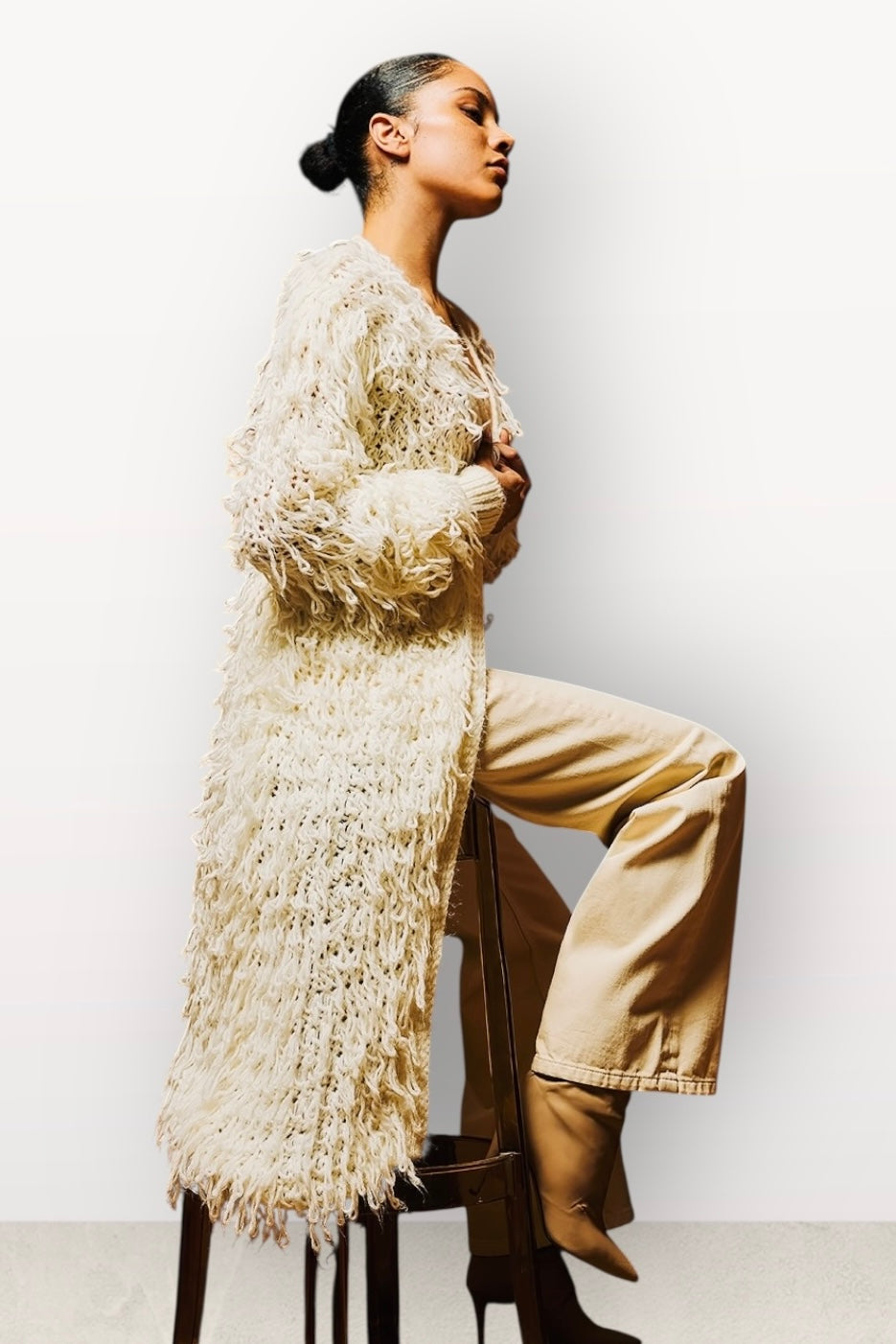 Tailor Made - Boho Touch Μακριά Πλεκτή Ζακέτα με Κρόσσια Υπόλευκο