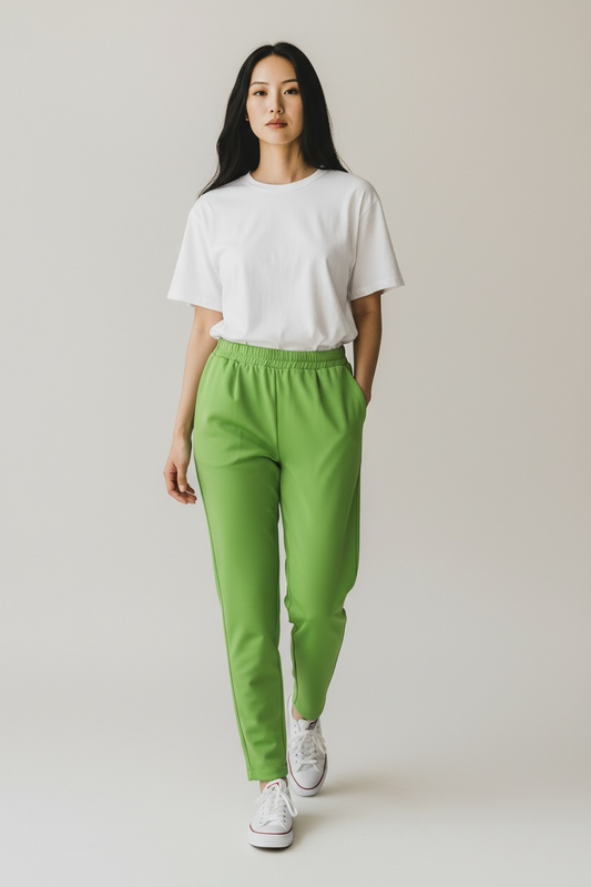 New Age Cola - Γυναικείο Παντελόνι με Λάστιχο στη Μέση, Πιέτες & Ρεβέρ Λαχανί