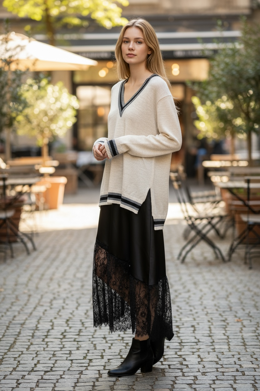 Charizma - Σατέν Μακριά Φούστα με Δαντέλα Διαγώνια στο Τελείωμα Μαύρη