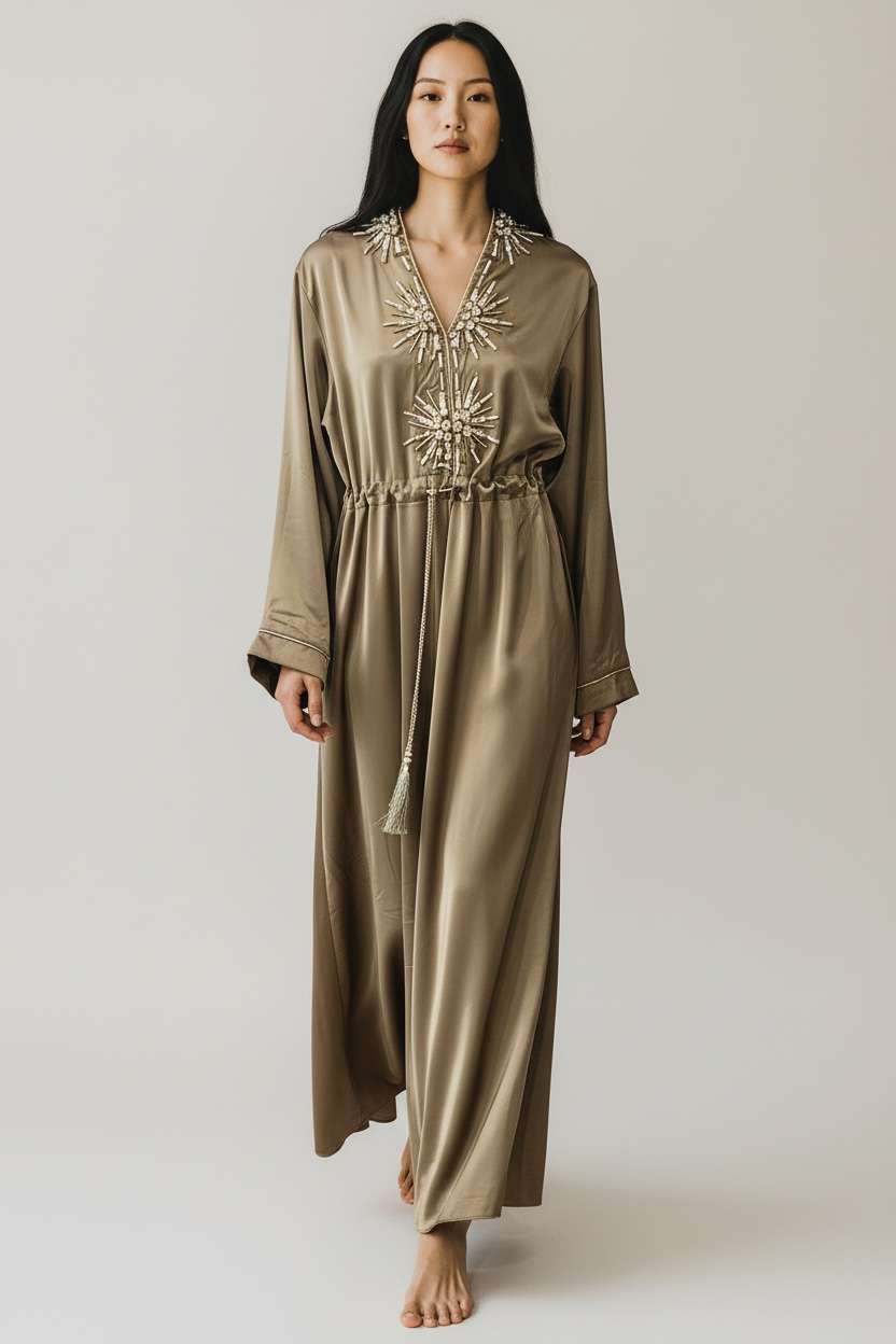 Charizma - Μάξι Καφτάνι Φόρεμα με Διακοσμητικά Στοιχεία και Ρυθμιζόμενη Μέση Χακί